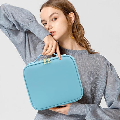 Makeup Organizer Bag with Mirror, Lighted Travel Makeup Bag 3 Colors Modes, Cosmetic Bag Make up Organizer with Mirror and Light, Makeup Train Case Portable Cosmetic Storage Case Gifts(Blue)