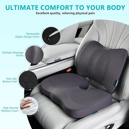 FLORICH Car Seat Cushion and Back Support for Office Chair Memory Foam Chair Cushions Pressure Relief Seat Pads with Gel Massage Point Lumbar Support (Grey)
