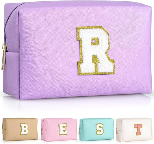 TOPEAST Cosmetic Travel Bags for Women, Preppy Small Makeup Bag, PU Leather Waterproof Toiletry Bag, Unique Friendship Gifts for Friends Coworker, Cute Stuff for Girls (Purple R)