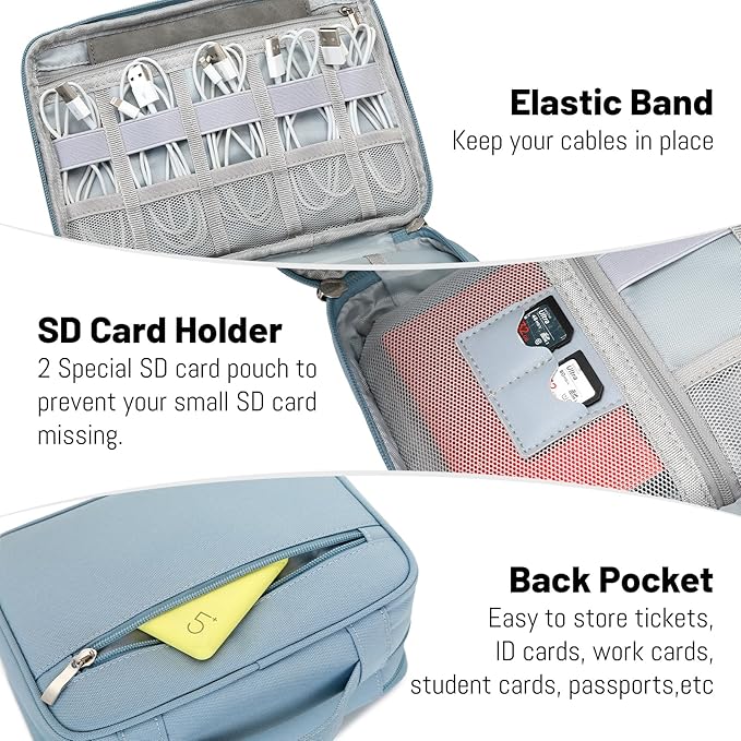 Lanola Electronic Accessories Case,Electronics Travel Organizer, Portable Double Layer Cable Storage Bag for Cord, Charger, Flash Drive, Phone, SD Card,Flash Drive,Adapter - Light Blue