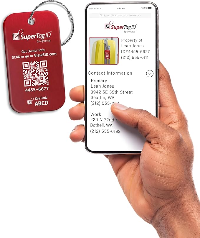 Dynotag® Sentry Series Solid Metal Web Enabled Smart Luggage Tag ID + Steel Loop, Anodized Aluminum with DynoIQ™ & Lifetime Recovery Service (Ruby Red)