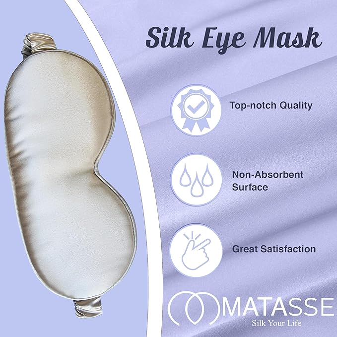 MATASSE Silk Eye Mask for Sleeping with Adjustable Elastic Band - 3D Contoured, Eye Cover Sleep Mask w/Genuine Mulberry Silk Including The Strap for Women, Men (Champagne/Black)