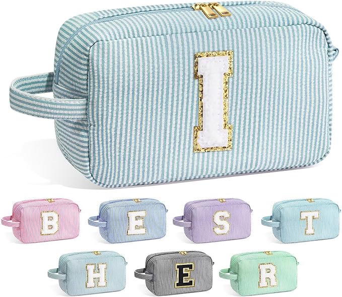 YOOLIFE Gifts for Women, Personalized Birthday Gifts for Women Girlfriend Her Friend Mom Grandma Daughter Wife, Bridesmaid Gifts, Monogram Initial Girls Preppy Makeup Bag, Green I