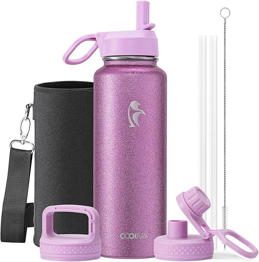 Coolflask Water Bottle 40 oz Insulated with Straw, Stainless Steel Metal 3 Lids Water Flask for Sports or Office, Keep Cold 48H Hot 24H, Glitter Pink