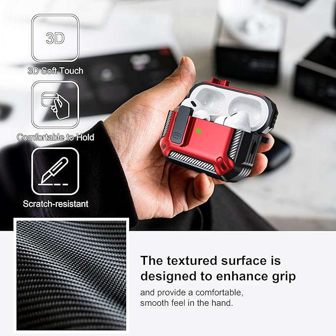 RFUNGUANGO for AirPods Pro 2nd Generation Case Cover with Cleaner Kit, Military Hard Shell Protective Armor with Lock for AirPod Gen 2 Charging Case2023, 2022, Front LED Visible,Red