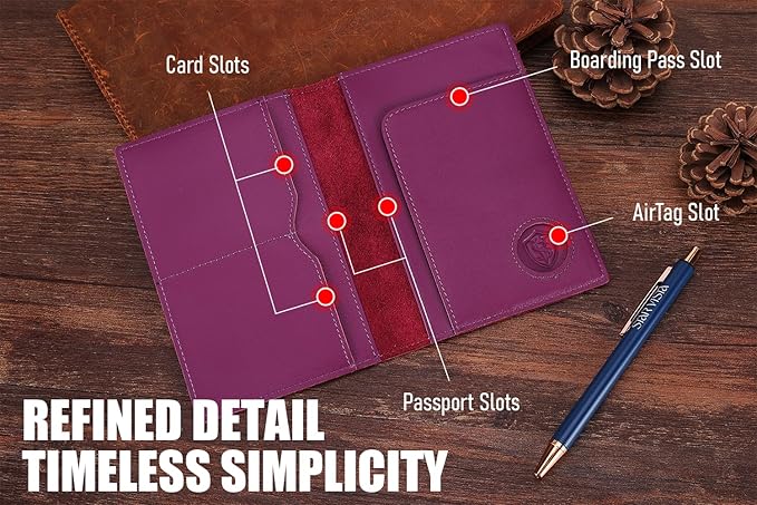 STAR VISTA Albatross Leather Travel Passport Holder, Minimalist Design, Calfskin Leather Case for Women and Men - Slim Passport Wallet, Bifold, RFID Blocking, with AirTag Holder, Violet