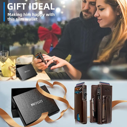 Wallet for Men with Money Clip Coins Pocket ID Window Gift Boxed,Slim Smart Front Pocket RFID Blocking Wallet Pop-up Card Holder in Magnetic Leather Flip 3.9"x 2.7"