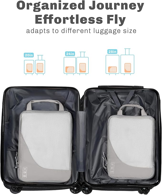 Hynes Eagle 6 Set/ 4 Set/ 2 Set Compression Packing Cubes Travel Essentials Lightweight Nylon Luggage Suitcase Organizer Bag Light Grey 2PCS