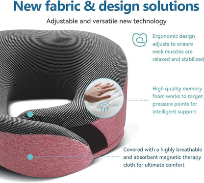 Proglobe Pink Airplane Travel Pillow Set, 100% Pure Memory Foam Neck Pillow, Updated Material, Long Flight Travel Kit with 3D Contoured Eye Masks, Earplugs, and Luxury Bag