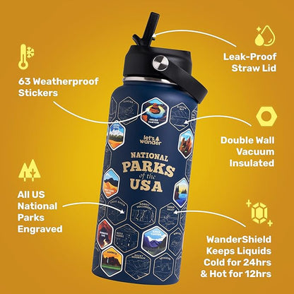 LET'S WANDER Original National Parks Water Bottle with 63 Waterproof Stickers - 32oz Leakproof Insulated Stainless Steel with Straw - USA Hiker Gift Bottle (Blue)