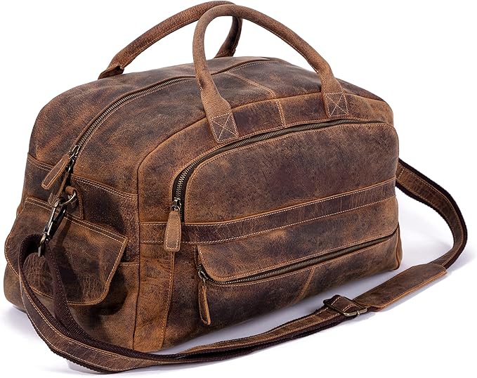 KomalC Leather Travel Duffel Bags for Men and Women - Full Grain Overnight Weekend Sports Gym Duffle