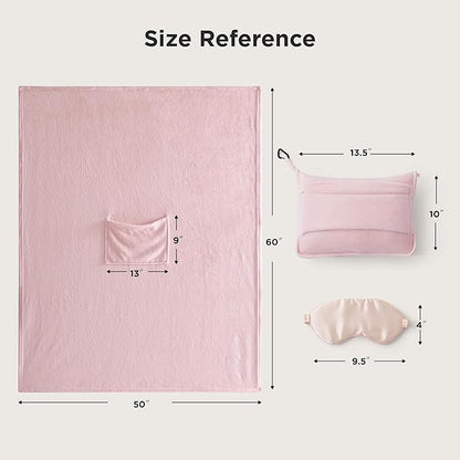 Bedsure Travel Blanket Airplane Compact with Storage Bag, Packable Blanket with Eye Mask, Lightweight 2-in-1 Travel Essentials, Functioned as Pillow for Airplane Comfort and Warmth, Pink