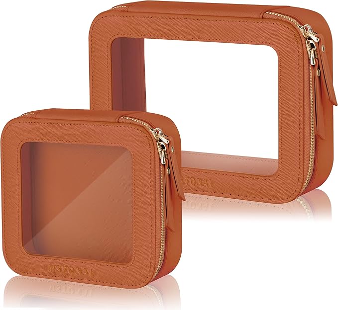 Clear Makeup Bag, Travel Toiletry Bag Cosmetic Case for Women, Waterproof Portable Make Up Skincare Pouch with Zipper, Compact Car Organizer Bag for Essentials, Mini & Medium, Brown