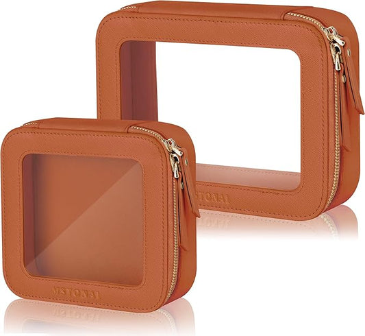 Clear Makeup Bag, Travel Toiletry Bag Cosmetic Case for Women, Waterproof Portable Make Up Skincare Pouch with Zipper, Compact Car Organizer Bag for Essentials, Mini & Medium, Brown