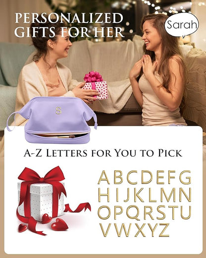 Initial Makeup Bags, Friend Gifts, Personalized Double Layer Cosmetic Bag with Makeup Brush Organizer, Waterproof, Large Capacity PU Leather Travel Toiletry Bag, Birthday Gifts for Girls