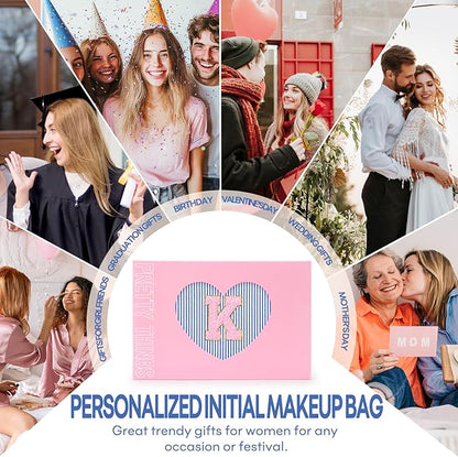 mibasies 2 PCS Initial Makeup Bags for Women: - Birthday Gifts for Teen Girls 11 12 13 14 15 16 Years Old - Preppy Trendy Stuff - Cosmetic Bag for Travel Toiletry - Blue K