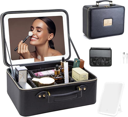 Travle Makeup Bag with LED Mirror, Portable Makeup Artist Organizer Case with Lighted Mirror, Makeup Bag with Adjustable Dividers, Cosmetic Brush Storage Box for Women Gift