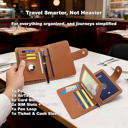 Passport Holder for Travel, RFID Blocking Leather Airtag Wallet for Women Men, Large Passport Cover Essentials Gift, Tickets, Cash, Photo, Sim Card Pen Slot - Brown