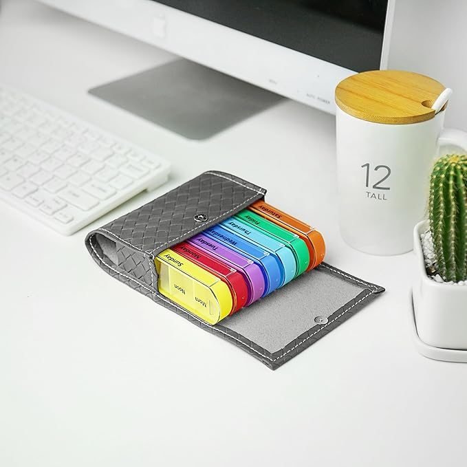 Pill Organizer,LIZIMANDU Weekly Travel Pill Case Box Medication Reminder Daily AM PM, Day Night 7 Compartments,for 4 Times A Day, 7 Days a Week-Includes Leather PU Carrying Case (1-Weave Grey)