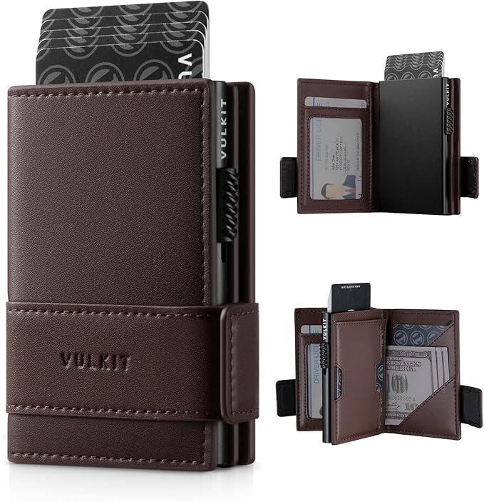 VULKIT Card Holder Bifold Pop Up Leather Wallet for Men RFID Blocking Metal Card Case, Holds 9 Cards and Banknotes Espresso