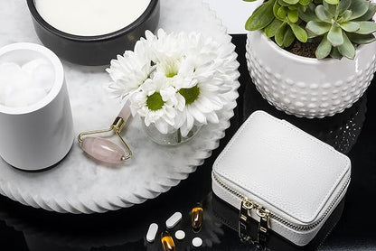 Weekly Travel Pill Organizer - Vegan Leather Pill Case with Removable 7 Day Pill Box, Travel Medicine Organizer for Medicine, Vitamin, Supplement (White)