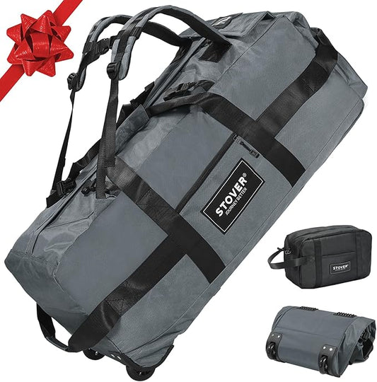 STOVER 80L Rolling Duffel Bag with Wheels, Large Durable Travel Duffle + Toiletry Bag, Heavy Duty, Packable, Foldable with Shoulder Straps- Use as Luggage or Backpack, Men/Women (Grey)