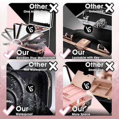 Travel Makeup Case with LED Lighted Mirror 12 Inch Portable Makeup Box Organizer Adjustable Brightness in 3 Colors Cosmetic Storage Case with Dividers Hard Aluminum Shell Vanity Box Black