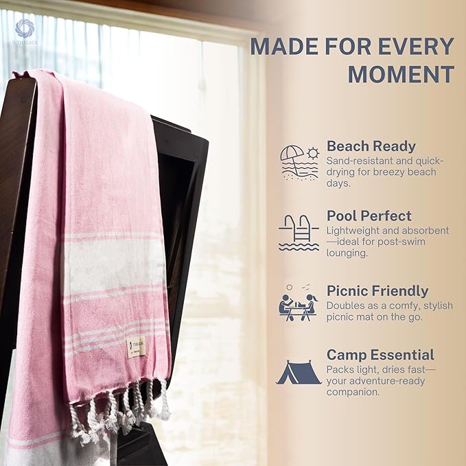 Cotton Turkish Beach Towel Towels Oversized 36"x72" Pool Absorbent Extra Large Quick Dry Sand Travel Towel (Pink, 2 Pack)