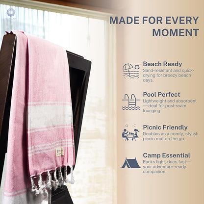 Cotton Turkish Beach Towel Towels Oversized 36"x72" Pool Absorbent Extra Large Quick Dry Sand Travel Towel (Pink, 2 Pack)