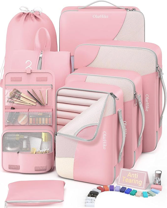 8 Set Packing Cubes for Travel, Gifts for Women Mom,Anti-Tearing Suitcase Organizer for Luggage with Shoe & Hanging Toiletry Bag,OlarHike Vacation Essentials & Accessories for Cruise Ship,Dream Pink