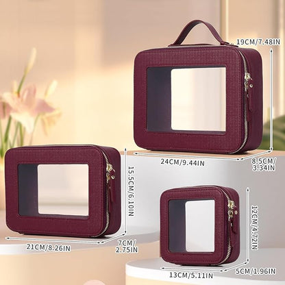 Pinkmik Clear Makeup Bag Waterproof Travel Case for Cosmetics and Toiletries Women's Purse Organizer and Clear Car Bag with Zipper (X/Burgundy, L+M+MINI)