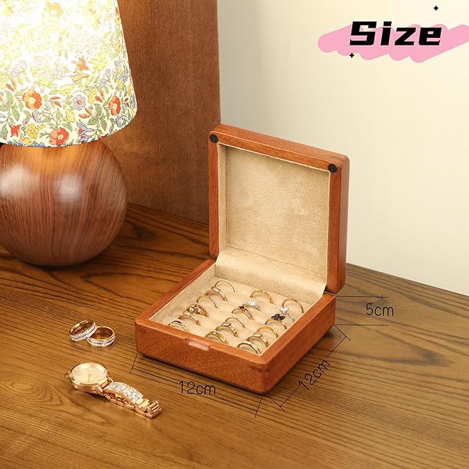 Solid Wood Ring Organizer, Handmade Walnut Jewelry Case for Multiple Rings, Cufflinks, Earrings - Portable Travel Size - Wooden Vintage Gift for Women, Valentine, Mother's Day
