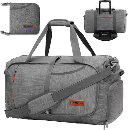 Canway 65L Foldable Duffle Bag with Shoes Compartment, Water-Resistant Packable Travel Duffel for Gym, Weekend Trips, Lightweight Carry on Luggage for Men & Women