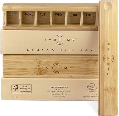 Bamboo Weekly Pill Organizer - 7 Day Wood Tablet Box - Ideal Aesthetic Pill Organizer for Vitamins or Supplements