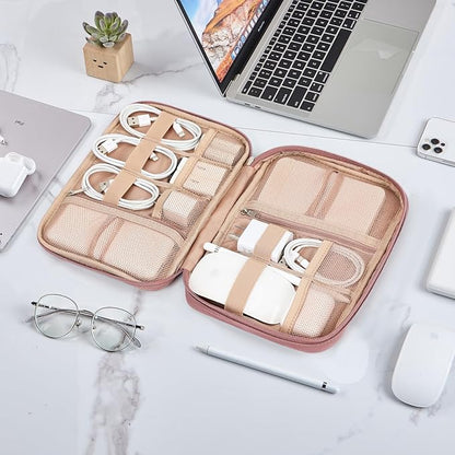 NISHEL Travel Cord Organizer Case, Tech Electronic Bag, Essentials for Charger, Cable, Phone, Hard Drive, USB, SD Card, Rosewood-Pink