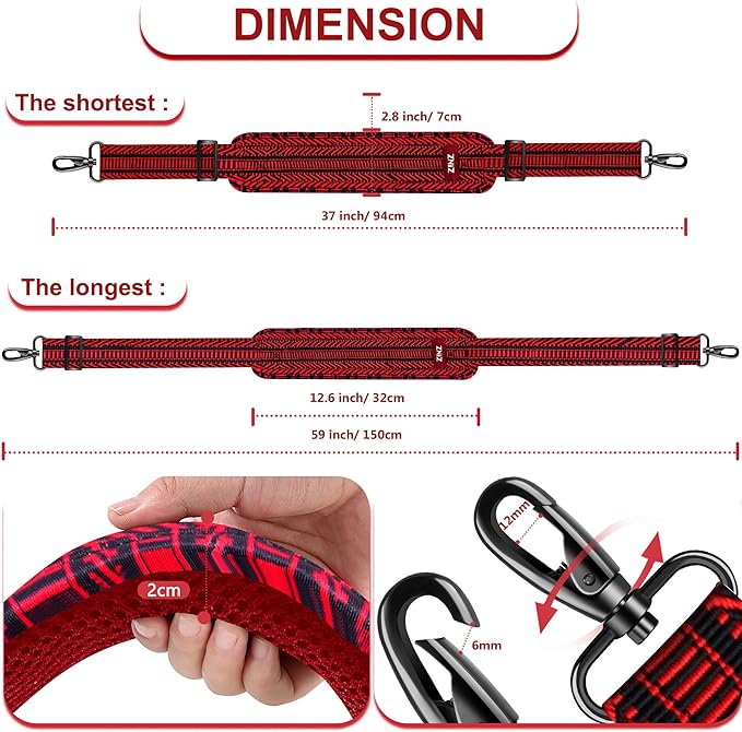 ZINZ Shoulder Strap 59 Inch Universal Bag Strap with Ultra-thick Fixed Breathable Pad Adjustable Heavy-duty Shoulder Strap for Laptop bag Crossbody Gym Bag Camera Bag and more - Black Red Jacquard