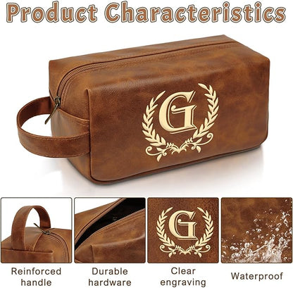 Engraved Letter Toiletry Bag Leather Waterproof Travel Kit, Personalized Gifts for Dad Husband Boyfriend (G)