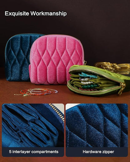 Small Travel Jewelry Case, Mini Travel Jewelry Bag with Zipper, 5-Layer Velvet Organizer Pouch for Bracelet Rings Earrings - Diamond Stitched Velvet Navy Blue