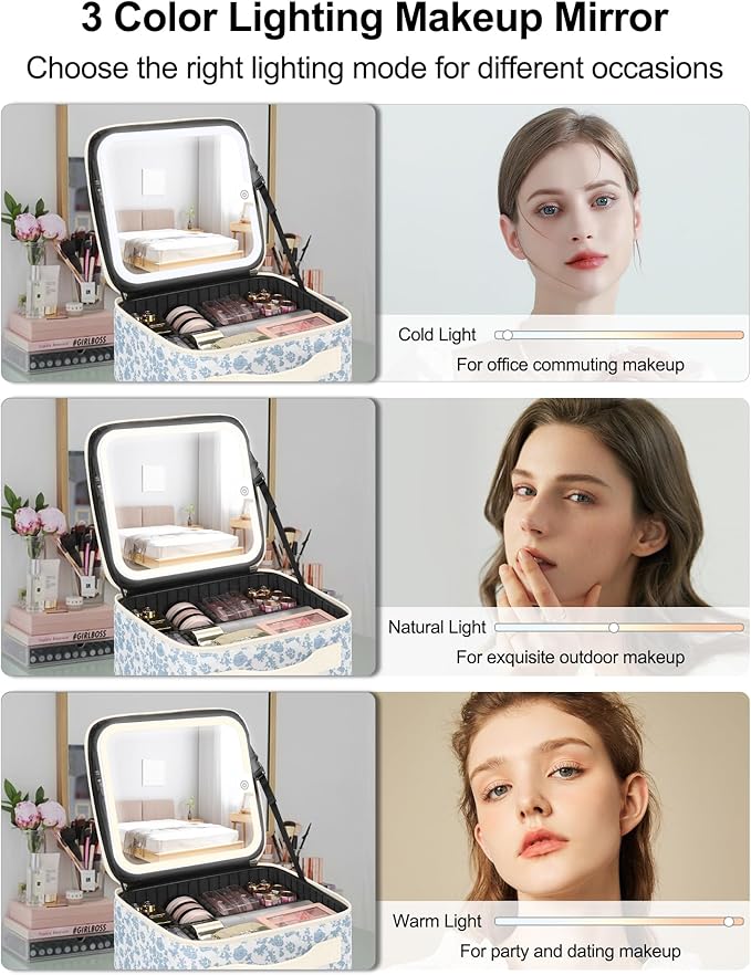 Chomeiu Makeup Bag with LED Mirror, Cute Cosmetic Bags Birthday Gifts for Girls Women, Makeup Train Case Artists Organizer Large Make Up Bags with Light Up Mirror 3 Color Lights, Floral Print