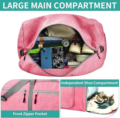 Dimayar 65L Travel Duffle Bag for Men Women - Foldable Duffel Bag with Shoes Compartment - Overnight Bags Waterproof & Tear Resistant(Pink)