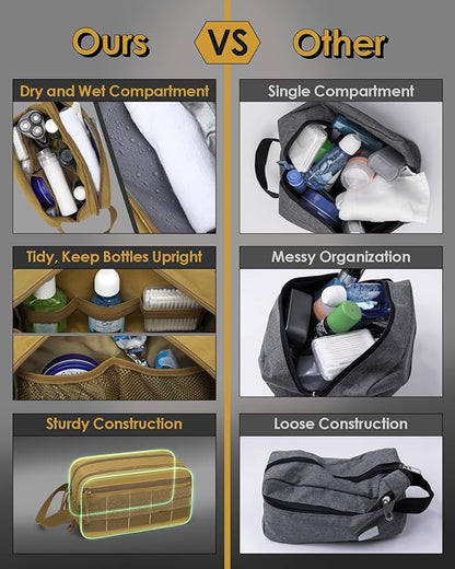 TACTICISM Toiletry Bag for Men - Dry Wet Separate Hygiene Bag Travel Toiletry Bag, Tactical Molle Dopp Kit for Men with Water-Resistant Shaving Bag for Adult Women for Travel, Brown