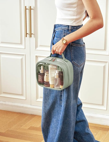 Clear Cosmetic Bag Double Layer Travel Toiletry Bag Clear Makeup Bag Case with 4 Compartments, Transparent Travel Bag for Toiletries, Large Toiletry Bag for Women Cosmetic Case (Sage Green, Small)