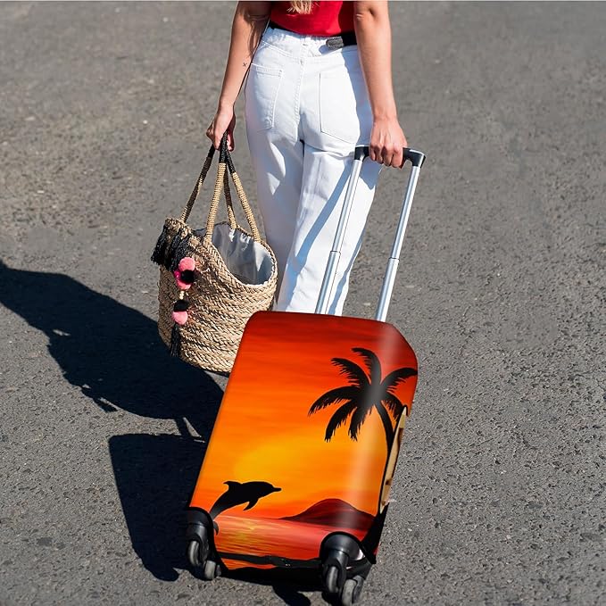 Suitcase Cover for Luggage 18-21 Inch, Washable Elastic Anti-Scratch Luggage Protector, Durable Zipper Baggage Cover with Handle Wrap, Travel Accessories for Suitcase, A Palm Tree and a Dolphin