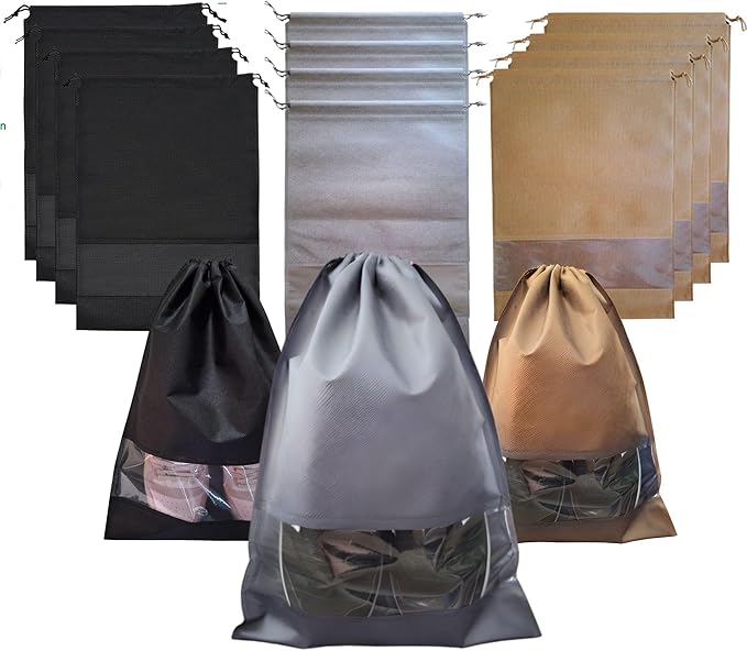 12 PCs Shoe Bags for Travel, Packing, Storage, Organizing & Suitcase. Reusable Dustproof & Water Resistant Sneakers Pouch Protectors with Clear Window & Drawstring. Laundry & Toys (Sand, Gray & Black)