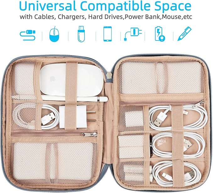 NISHEL Travel Cord Organizer Case, Tech Electronic Bag, Essentials for Charger, Cable, Phone, Hard Drive, USB, SD Card, Aegean-Blue