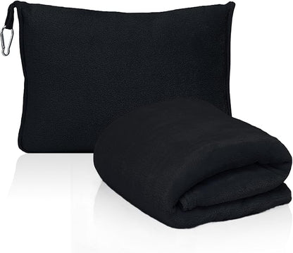 2-in-1 Convertible Travel Blanket & Pillow-Ultra Soft, Compact & Packable with Hand Luggage Sleeve and Backpack Clip for Flight & Car,Black