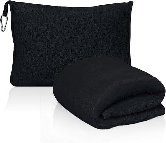 2-in-1 Convertible Travel Blanket & Pillow-Ultra Soft, Compact & Packable with Hand Luggage Sleeve and Backpack Clip for Flight & Car,Black