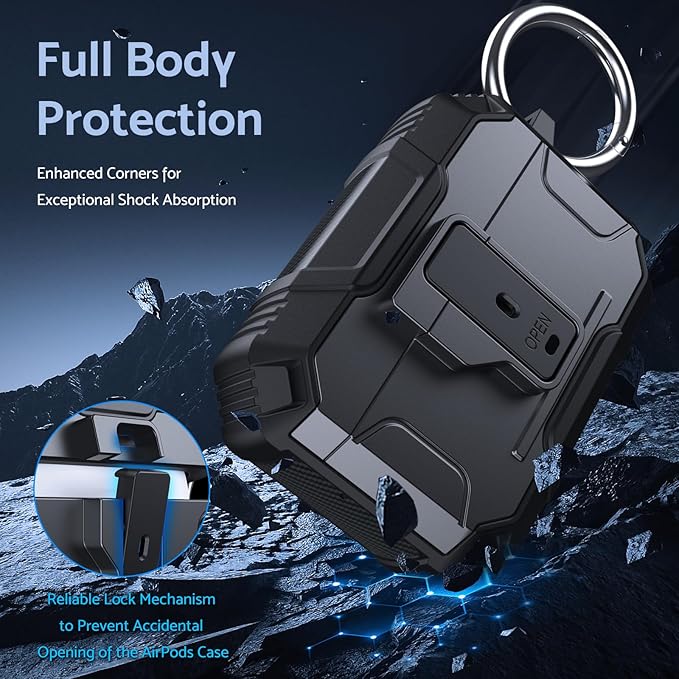 DASFOND Armor Earphone Cover Case for Airpods Pro 3, Military Grade Full Body Shockproof Protection Hard Case, Support Wireless Charging with Keychain, Magnetic Lid, Front LED Visible, Black