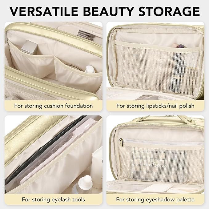 Travel Makeup Bag Women's Large Capacity Cosmetic Portable Organizer Large Opening Waterproof Storage Toiletry Bags Vertical Free-Standing Brush Holder for Easy Access Gold
