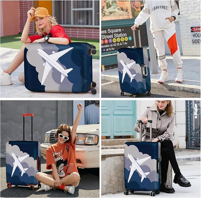 ANNA QUEEN Airplane Flight Luggage Cover, Dynamic Flight & Clouds Design, Stretchable, Washable Travel Sleeve for 20-34 Inch Luggage